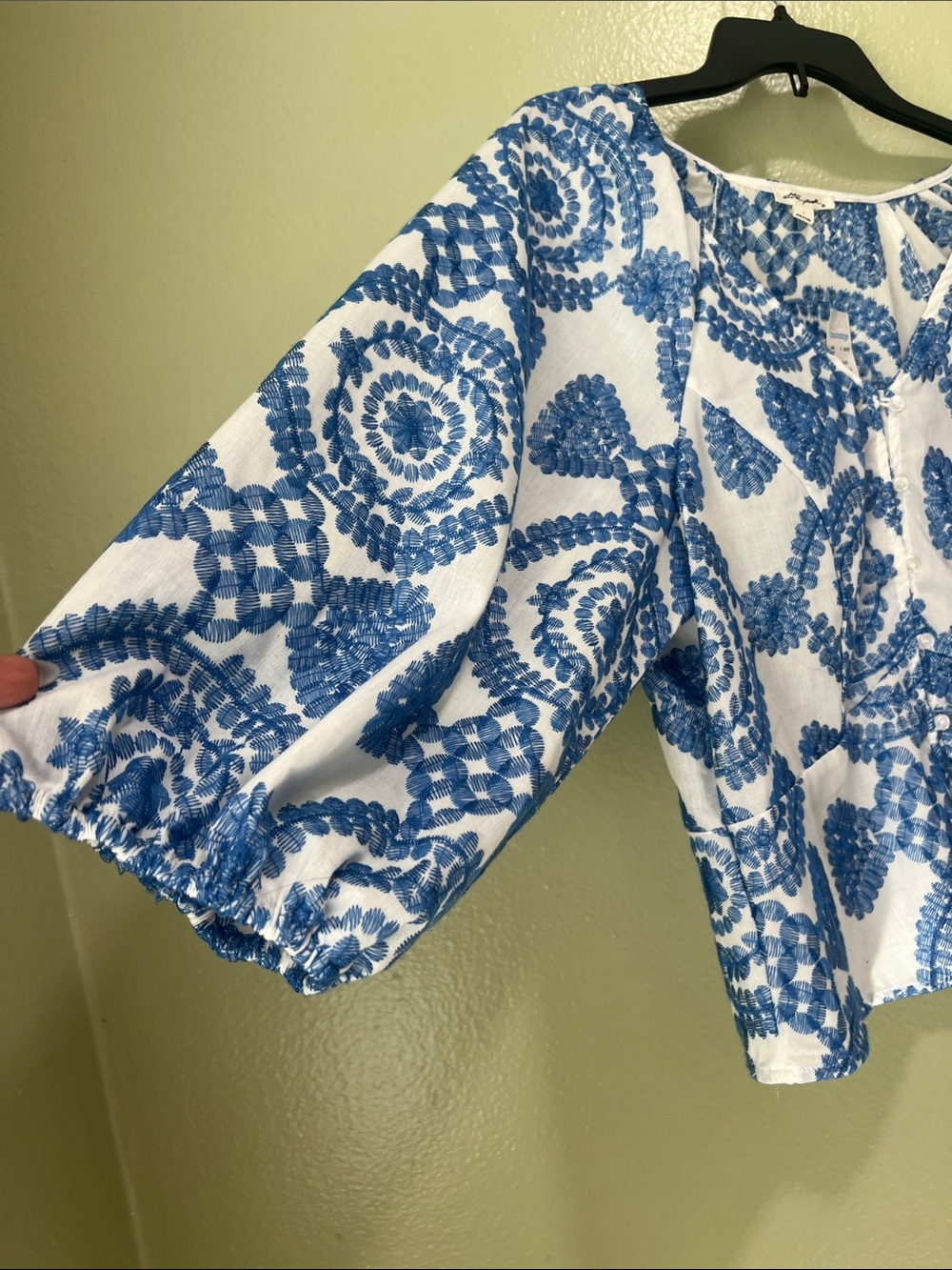 Ultra Pink Blue & White Printed Peasant Blouse - Picture 4 of 5